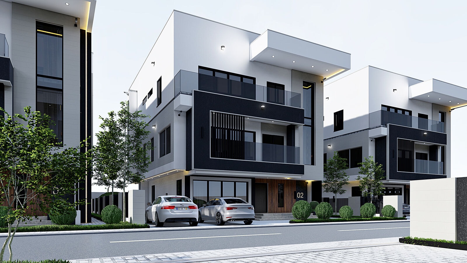 Charcoal and white duplexes with private parking
