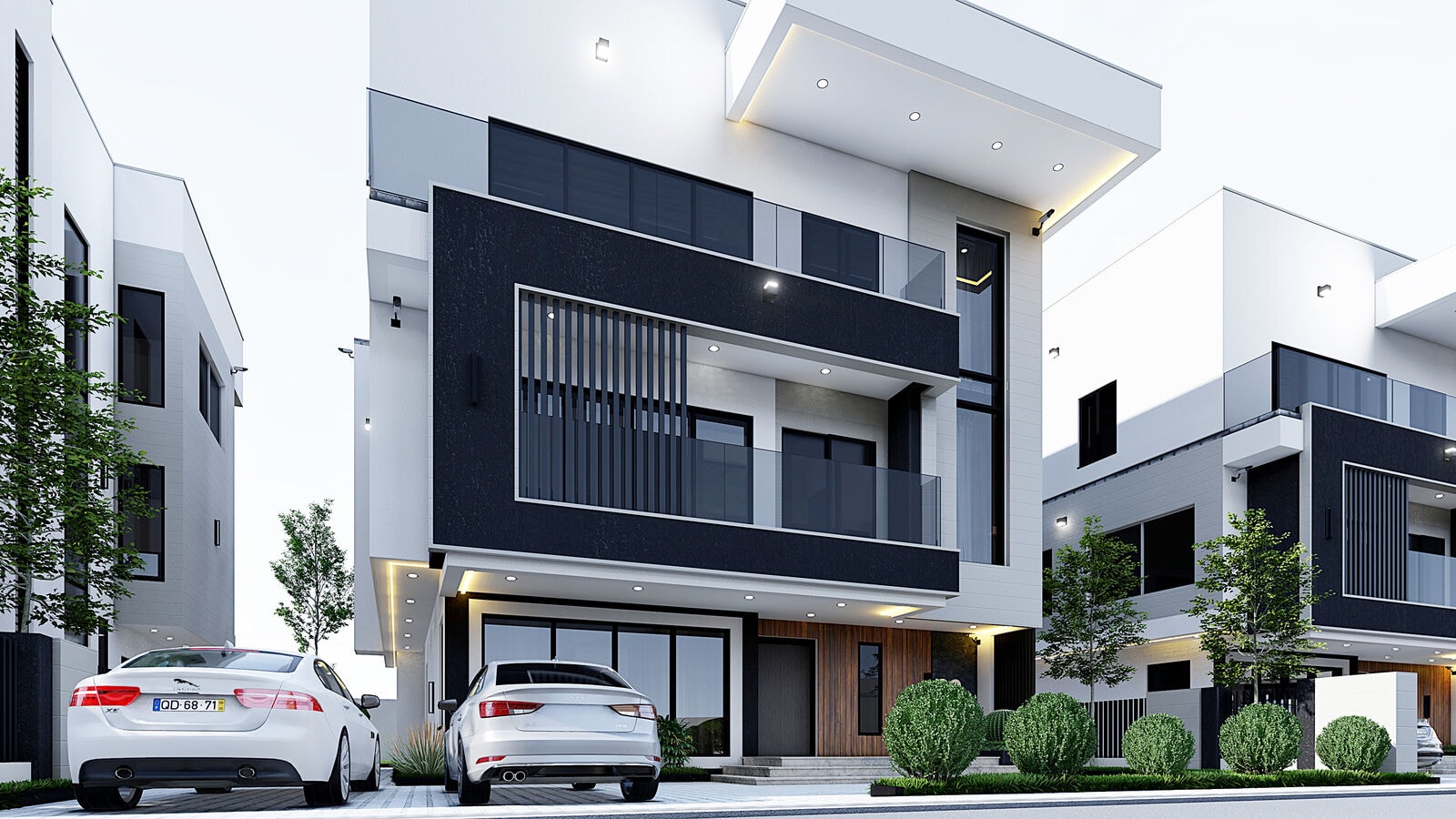 Front elevation of a three-storey duplex on an Oakyard estate